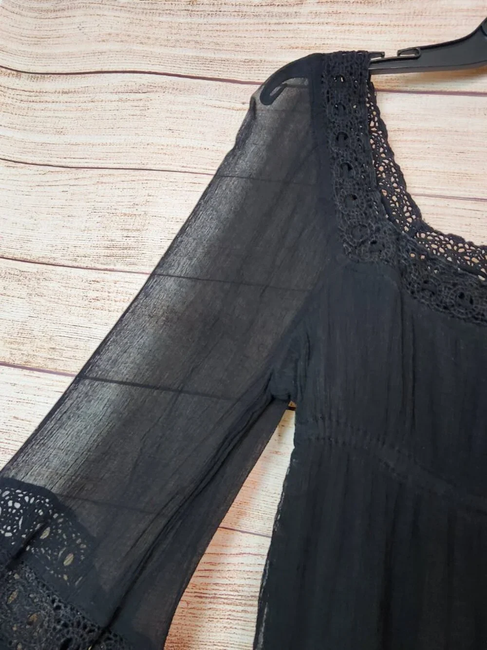 Free People Chiffon Lace Bogemian Crochet Trim Blouse Black Tunic Women's XS/TP